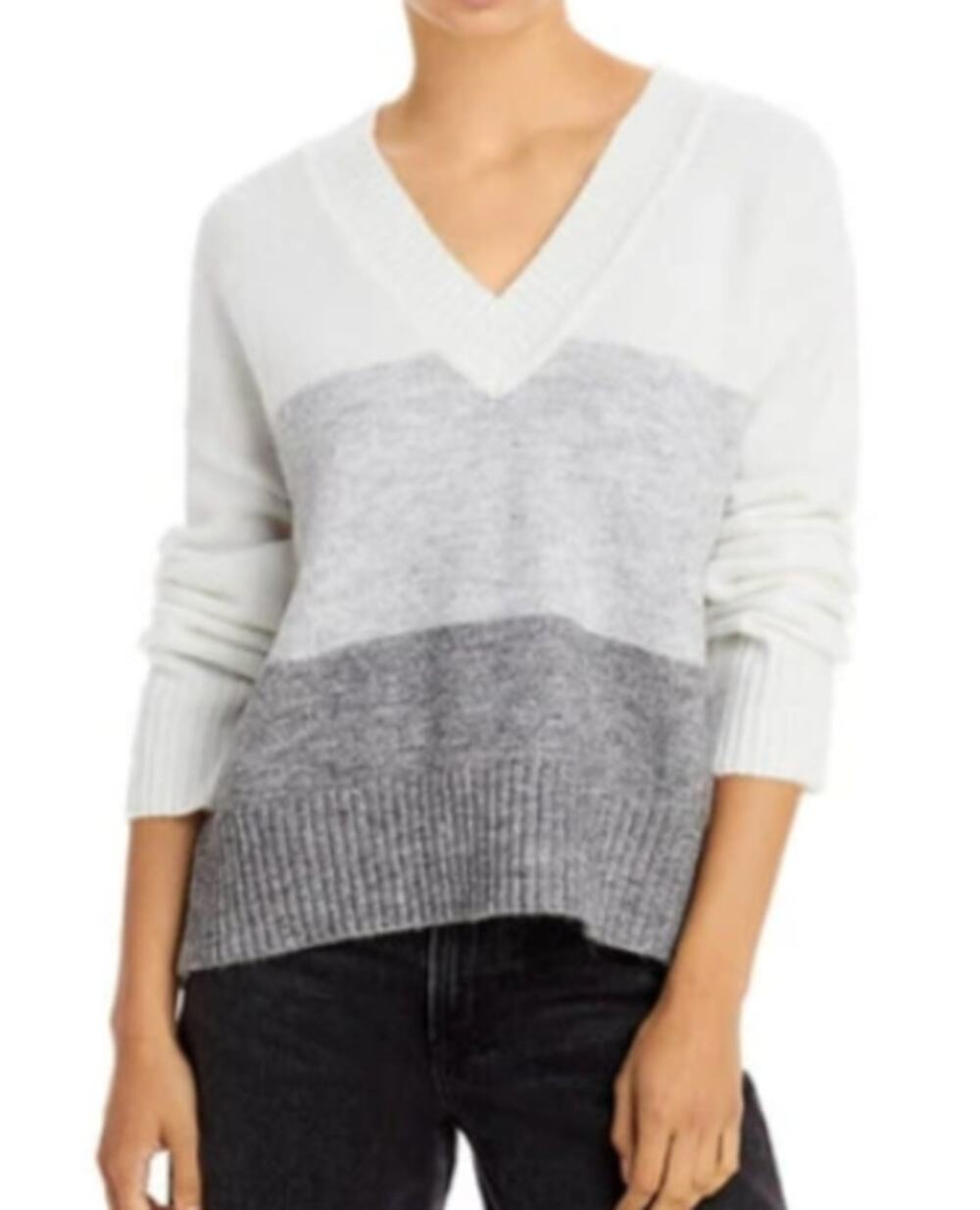 AQUA V-Neck Gray White Colorblock Ribbed Knit Sweater Medium NWT